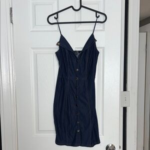 Denim Button-Front Spaghetti Strap Dress - Navy